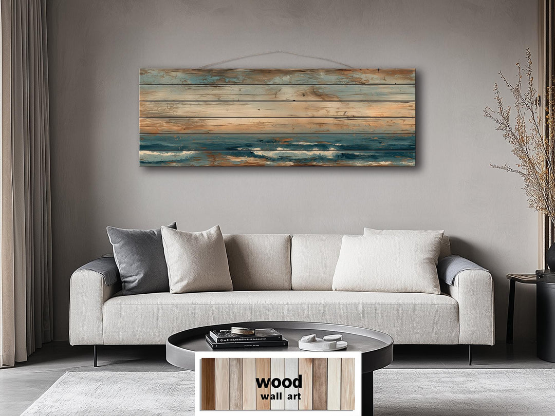 Long horizontal distressed wood wall art with a minimalist ocean and sky scene.