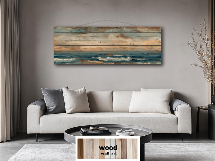 Long horizontal distressed wood wall art with a minimalist ocean and sky scene.