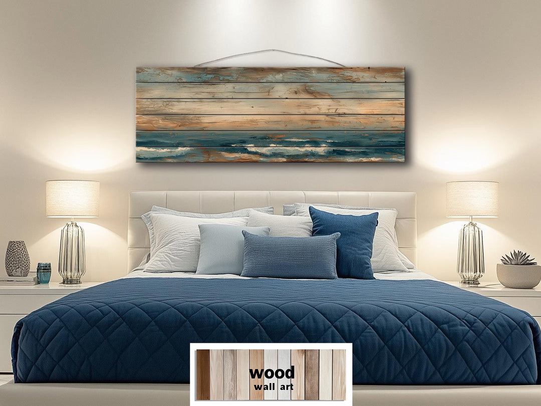 Long horizontal minimalist ocean distressed wood wall art.