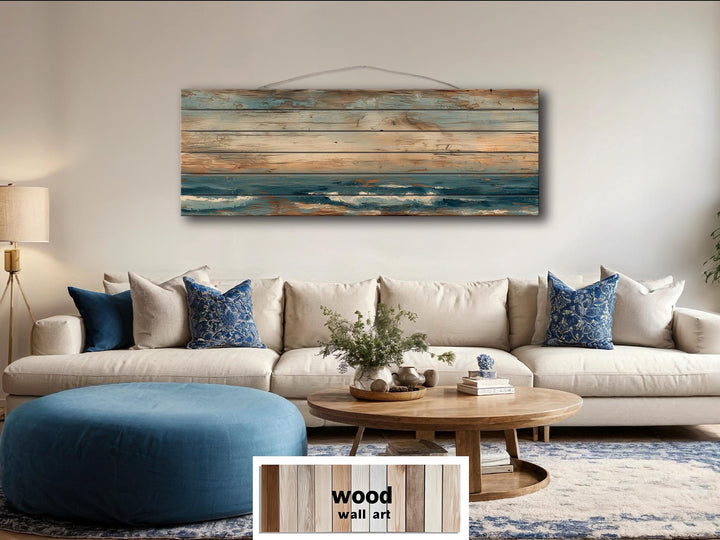 Long horizontal minimalist ocean distressed wood wall art.