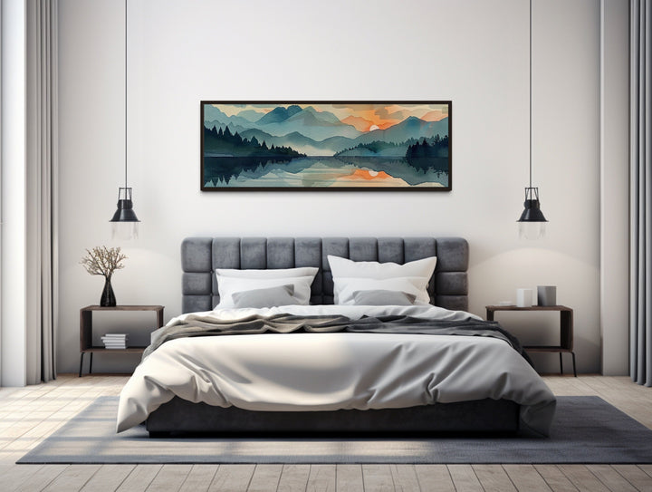 Long Horizontal Mountain Lake Sunset Landscape Watercolor Wall Art