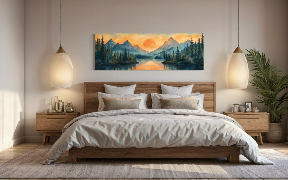 Long Horizontal Mountain Lake Sunset Landscape Watercolor Wall Art