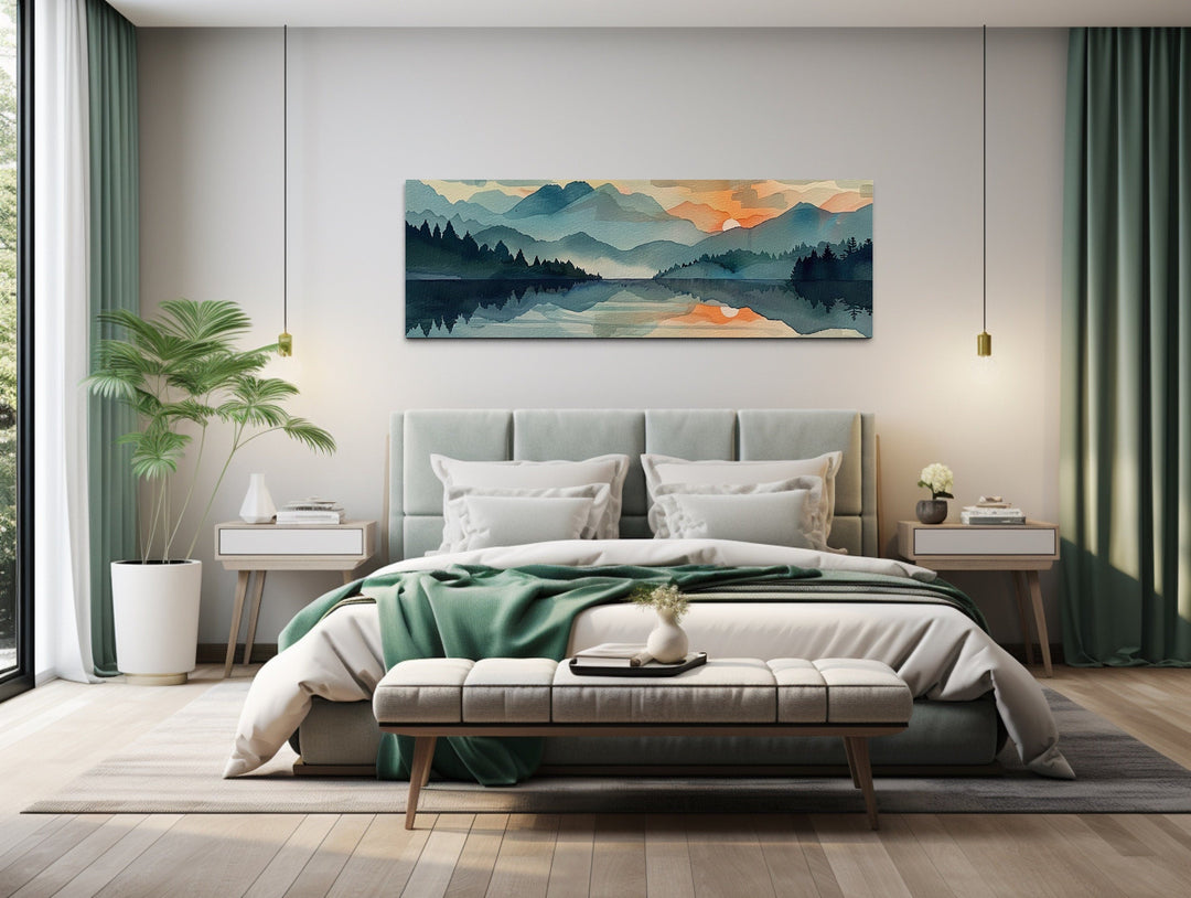 Long Horizontal Mountain Lake Sunset Landscape Watercolor Wall Art