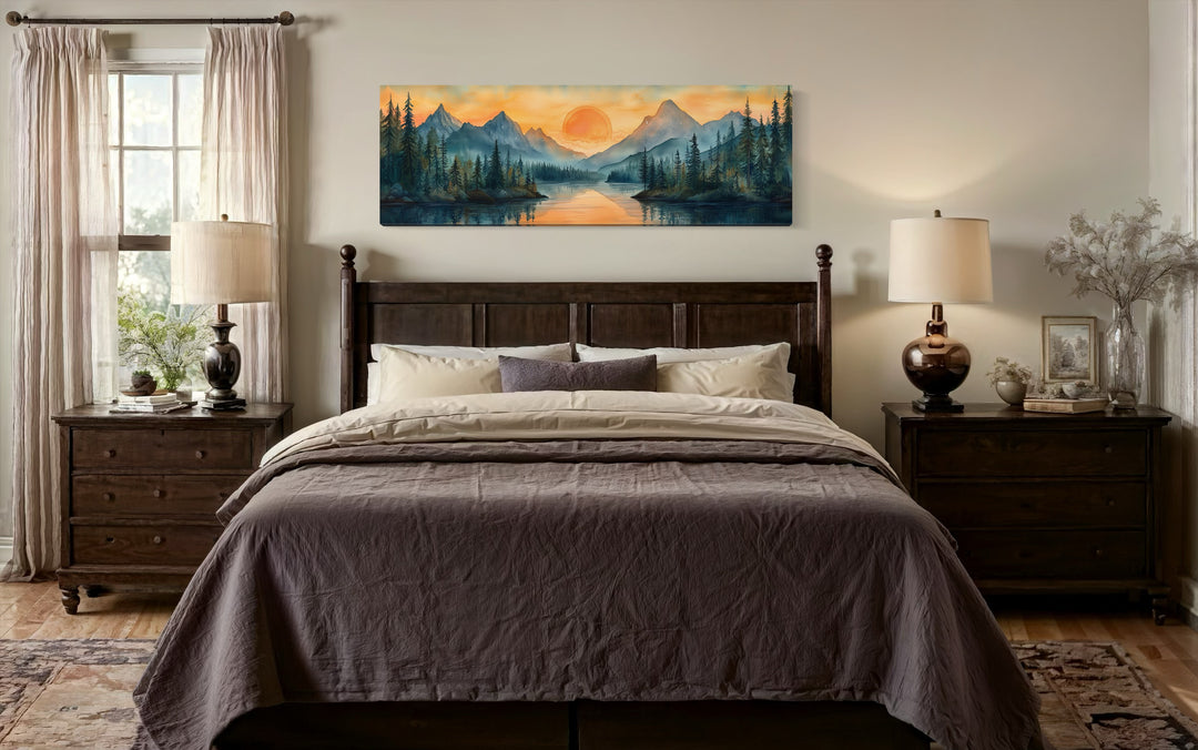 Long Horizontal Mountain Lake Sunset Landscape Watercolor Wall Art
