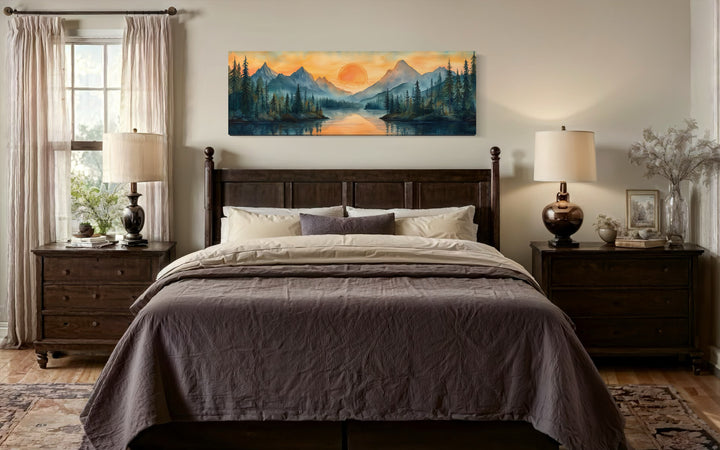 Long Horizontal Mountain Lake Sunset Landscape Watercolor Wall Art