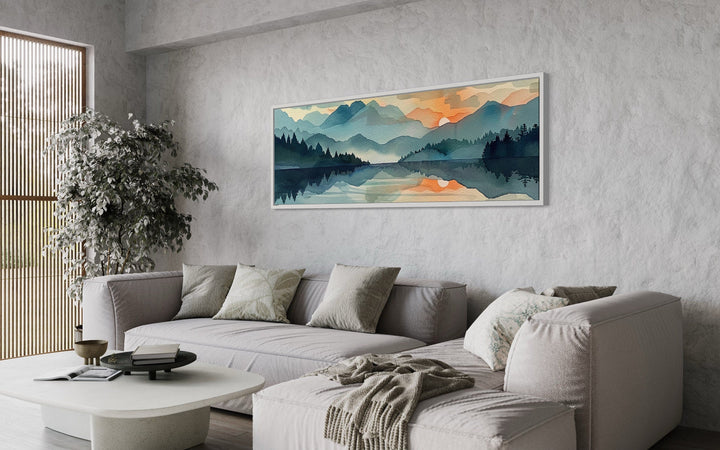 Long Horizontal Mountain Lake Sunset Landscape Watercolor Wall Art