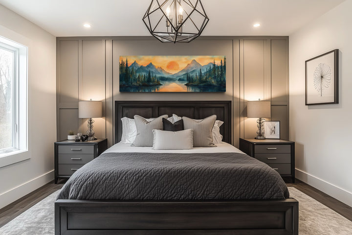 Long Horizontal Mountain Lake Sunset Landscape Watercolor Wall Art