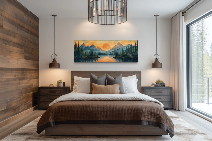 Long Horizontal Mountain Lake Sunset Landscape Watercolor Wall Art