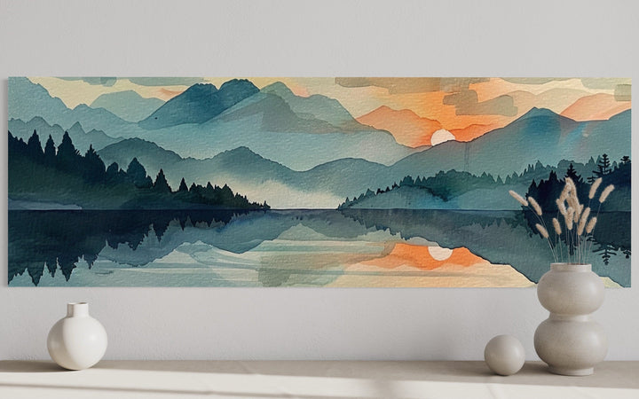 Long Horizontal Mountain Lake Sunset Landscape Watercolor Wall Art