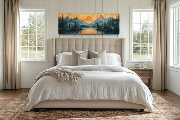 Long Horizontal Mountain Lake Sunset Landscape Watercolor Wall Art
