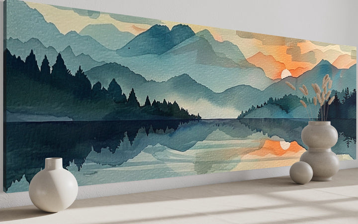 Long Horizontal Mountain Lake Sunset Landscape Watercolor Wall Art