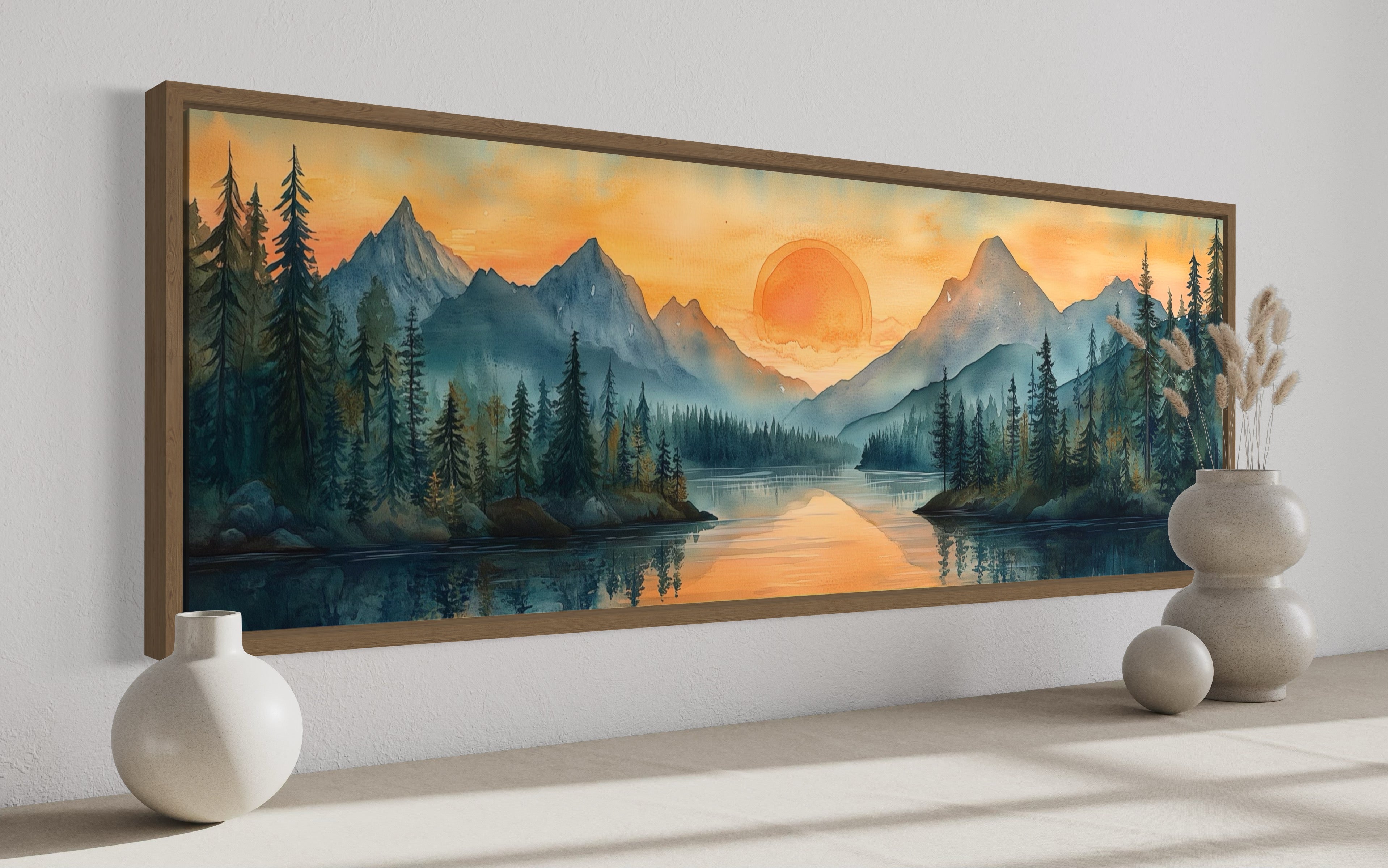 Mountain Lake Sunset Watercolor Wall Art | Panoramic Canvas – Wall