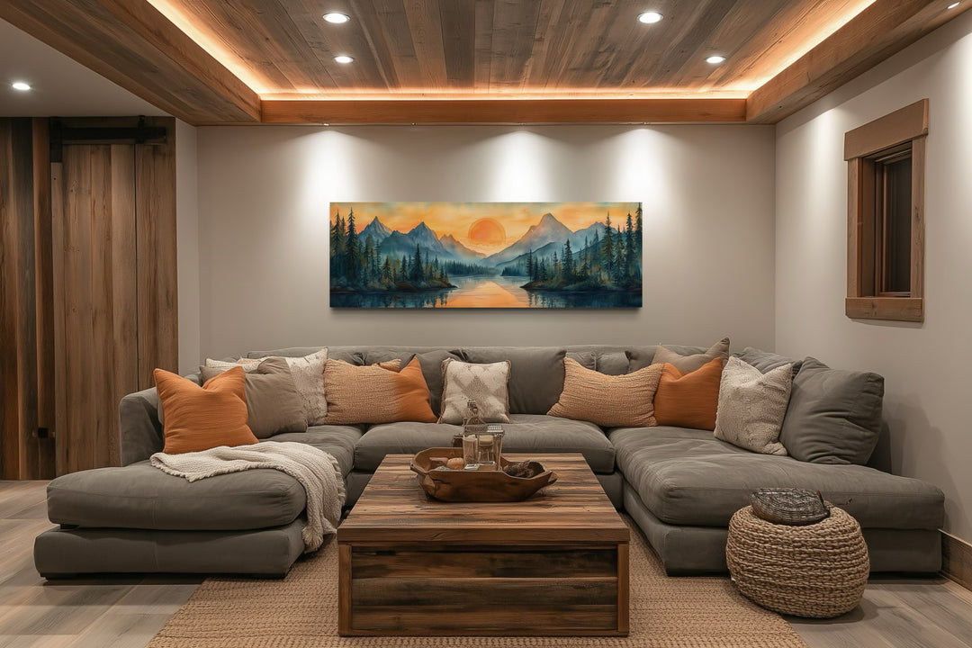 Long Horizontal Mountain Lake Sunset Landscape Watercolor Wall Art