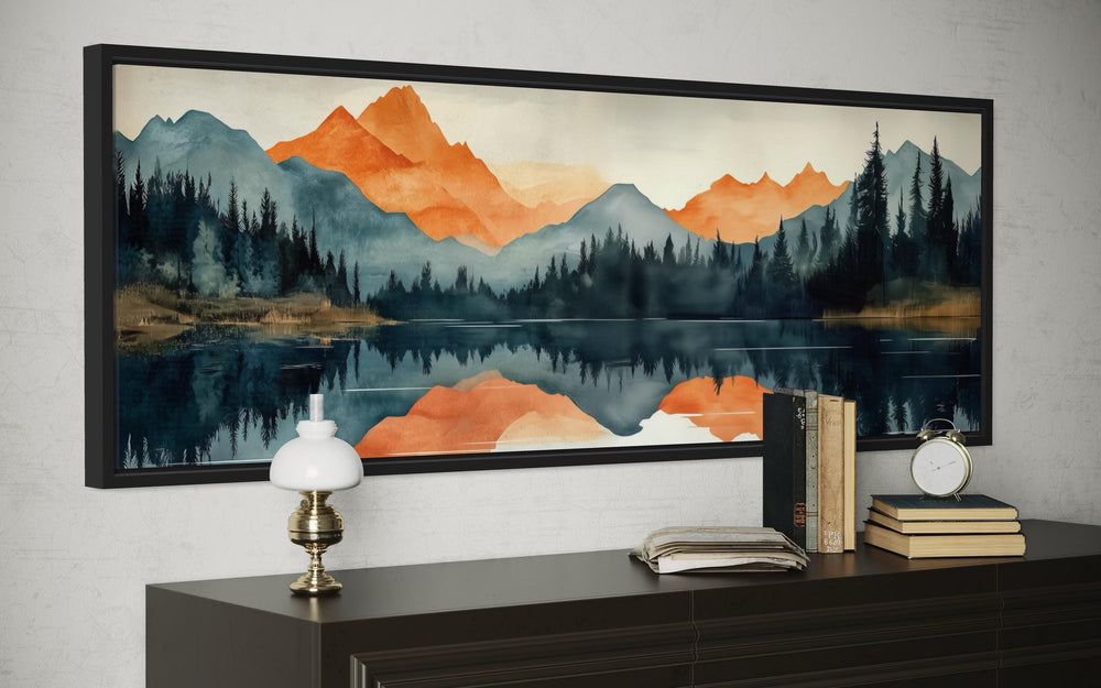 Long Horizontal Mountain Lake Sunset Reflection Wall Art