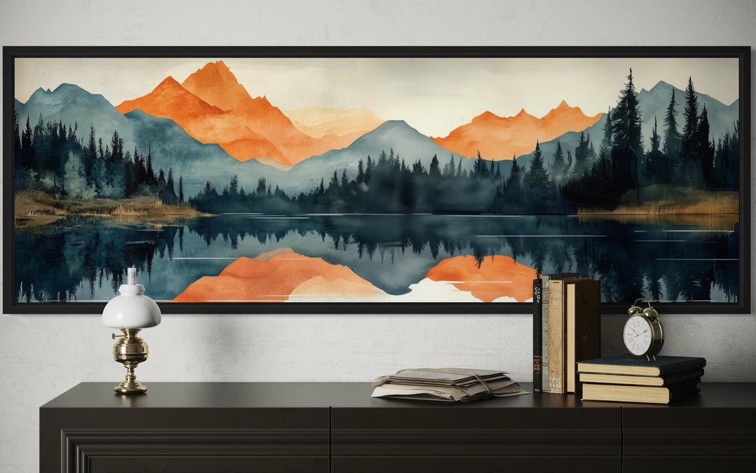 Long Horizontal Mountain Lake Sunset Reflection Wall Art