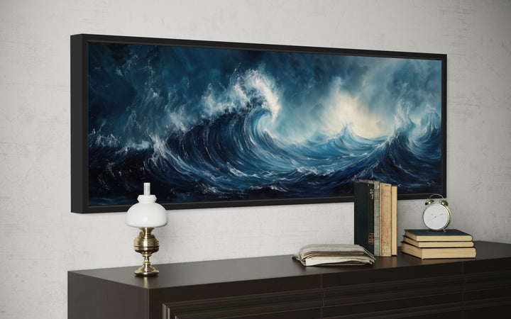 Long Horizontal Navy And Blue Abstract Ocean Wave Framed Canvas Wall Art