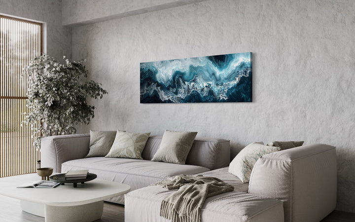 Long Horizontal Navy And Blue Abstract Ocean Wave Framed Canvas Wall Art