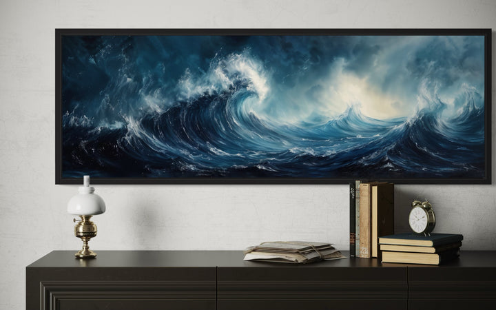 Long Horizontal Navy And Blue Abstract Ocean Wave Framed Canvas Wall Art