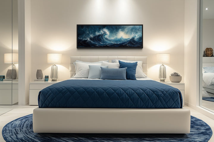 Long Horizontal Navy And Blue Abstract Ocean Wave Framed Canvas Wall Art