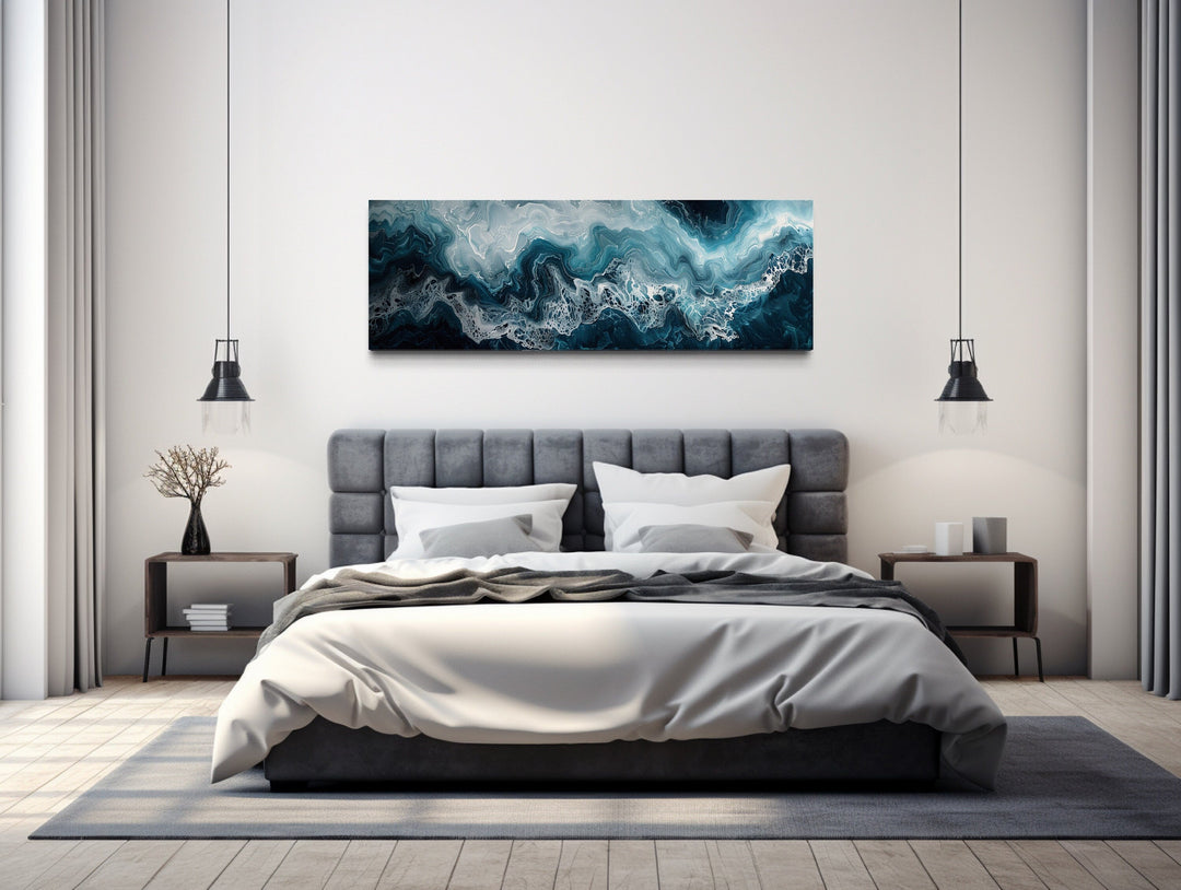 Long Horizontal Navy And Blue Abstract Ocean Wave Framed Canvas Wall Art