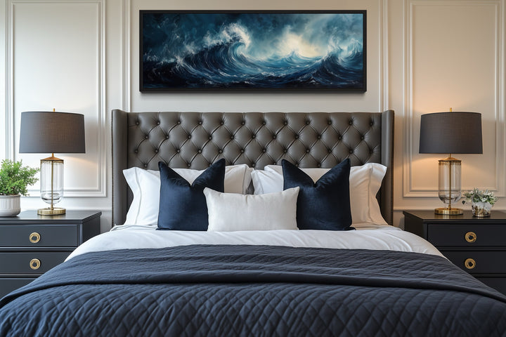 Long Horizontal Navy And Blue Abstract Ocean Wave Framed Canvas Wall Art