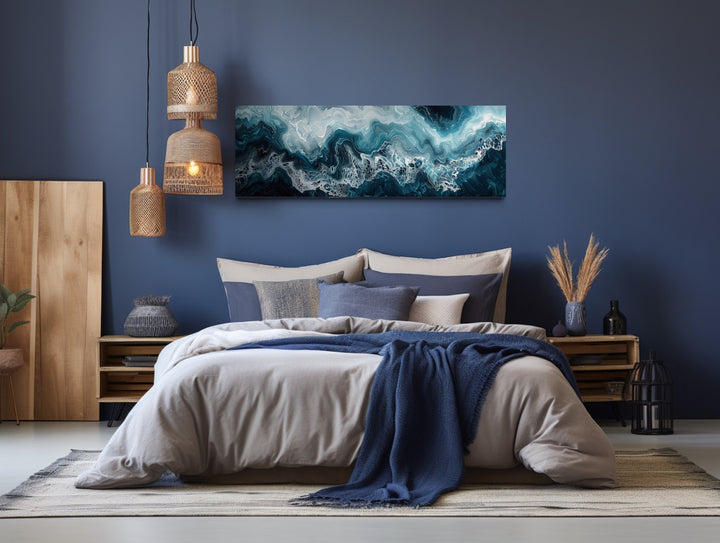 Long Horizontal Navy And Blue Abstract Ocean Wave Framed Canvas Wall Art