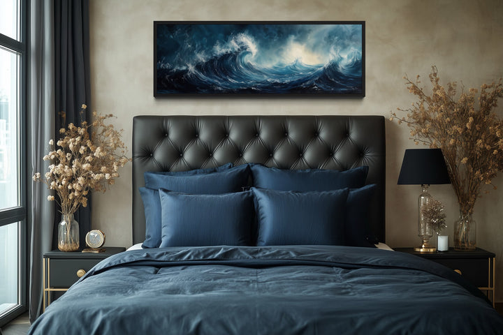 Long Horizontal Navy And Blue Abstract Ocean Wave Framed Canvas Wall Art