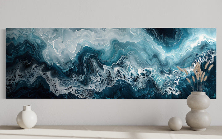 Long Horizontal Navy And Blue Abstract Ocean Wave Framed Canvas Wall Art