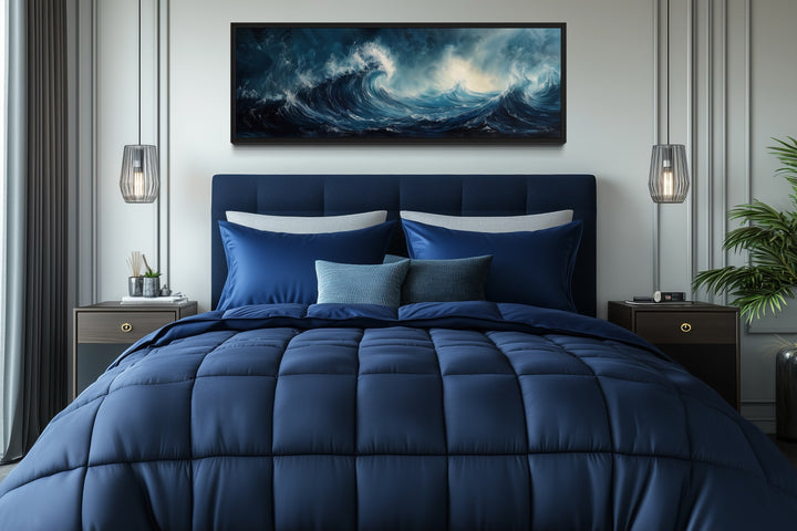 Long Horizontal Navy And Blue Abstract Ocean Wave Framed Canvas Wall Art