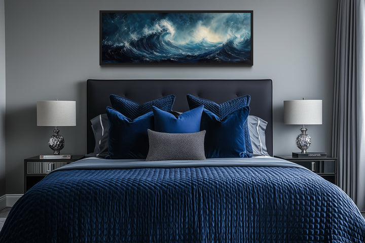 Long Horizontal Navy And Blue Abstract Ocean Wave Framed Canvas Wall Art