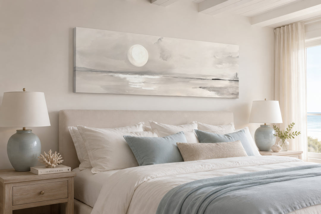 Long horizontal neutral coastal landscape canvas wall art with a moon above a bed.