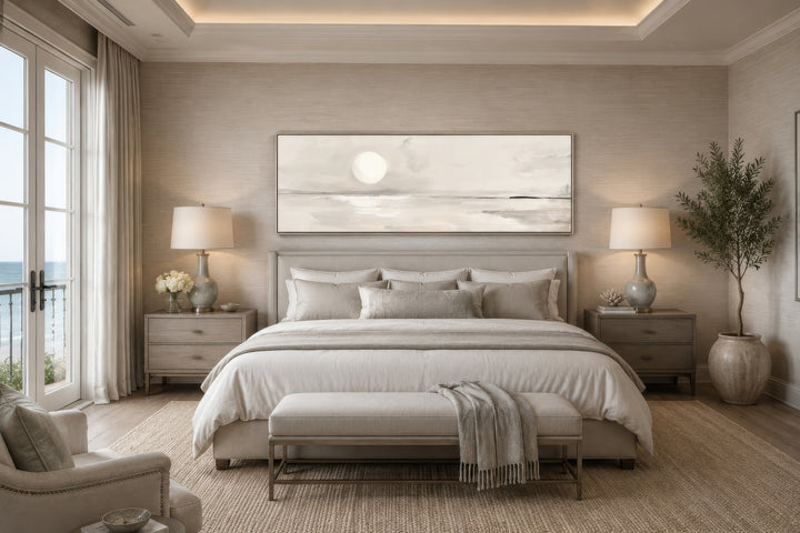 Long horizontal neutral coastal landscape wall art with a moon above a bed in a serene bedroom.