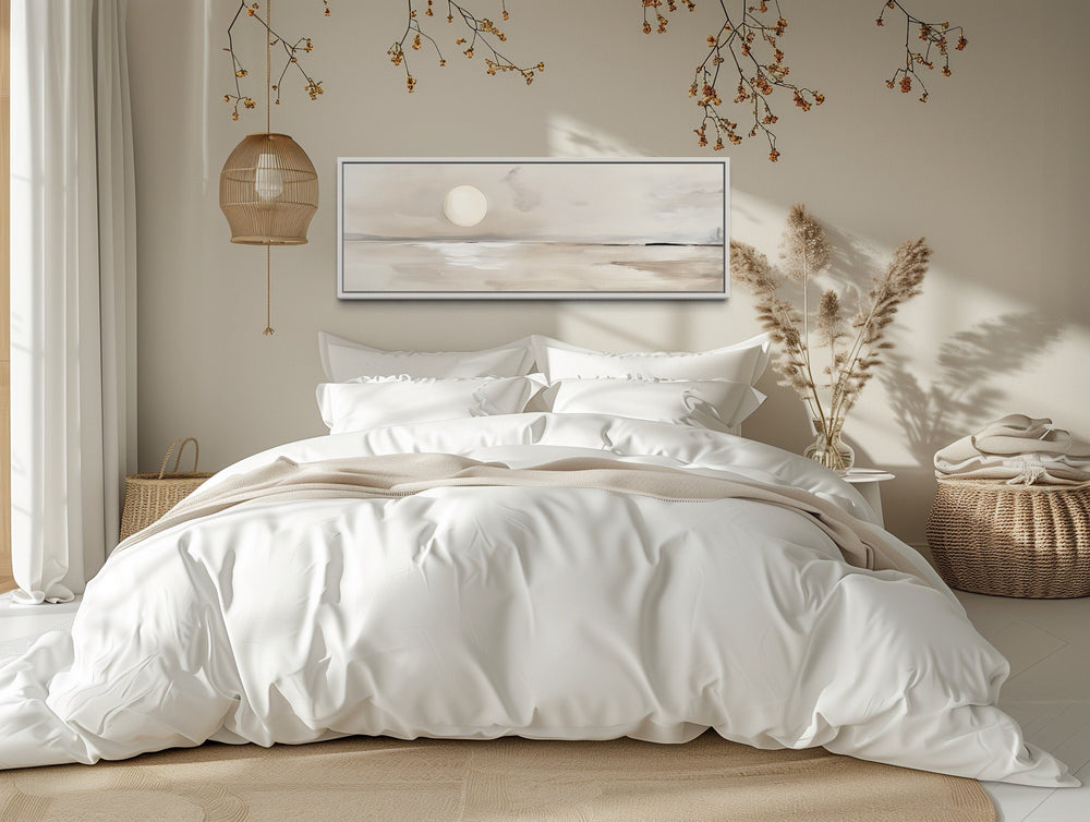 Long horizontal neutral coastal landscape canvas wall art with a moon above a bed.