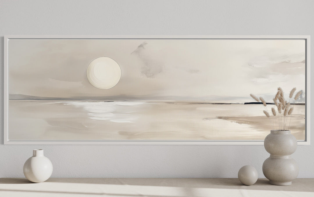 Long Horizontal Neutral Coastal Landscape With Moon Above Bed Wall Art above bed close up