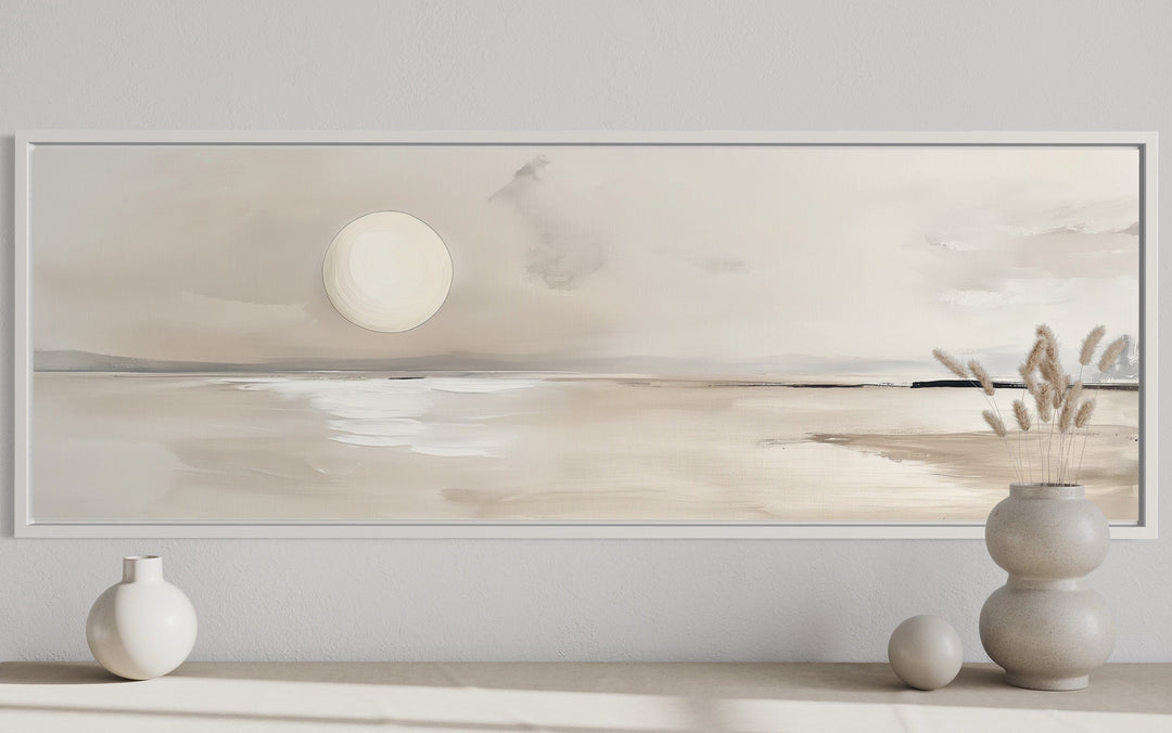 Long horizontal neutral coastal landscape wall art featuring a moon over a serene beach scene.