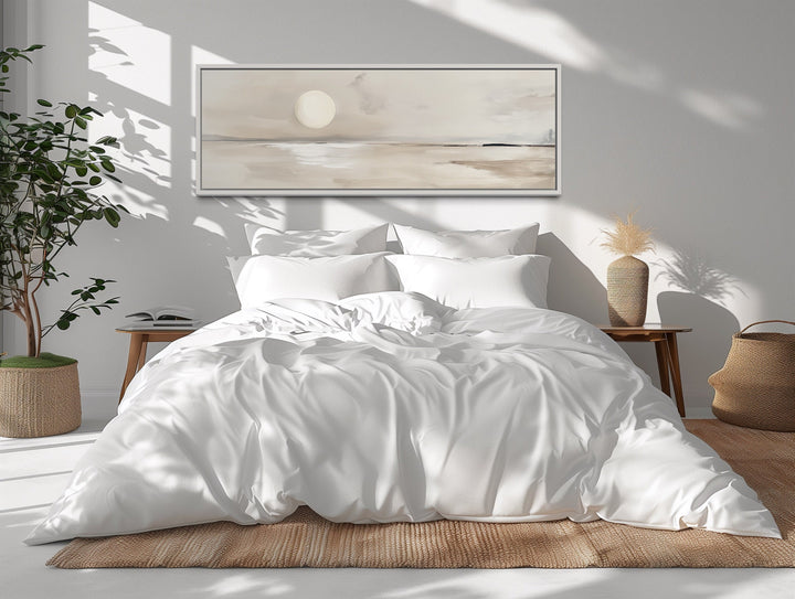 Long Horizontal Neutral Coastal Landscape With Moon Above Bed Wall Art above bed