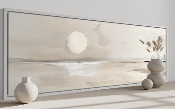 Long horizontal neutral coastal landscape wall art with a moon above a serene sea.