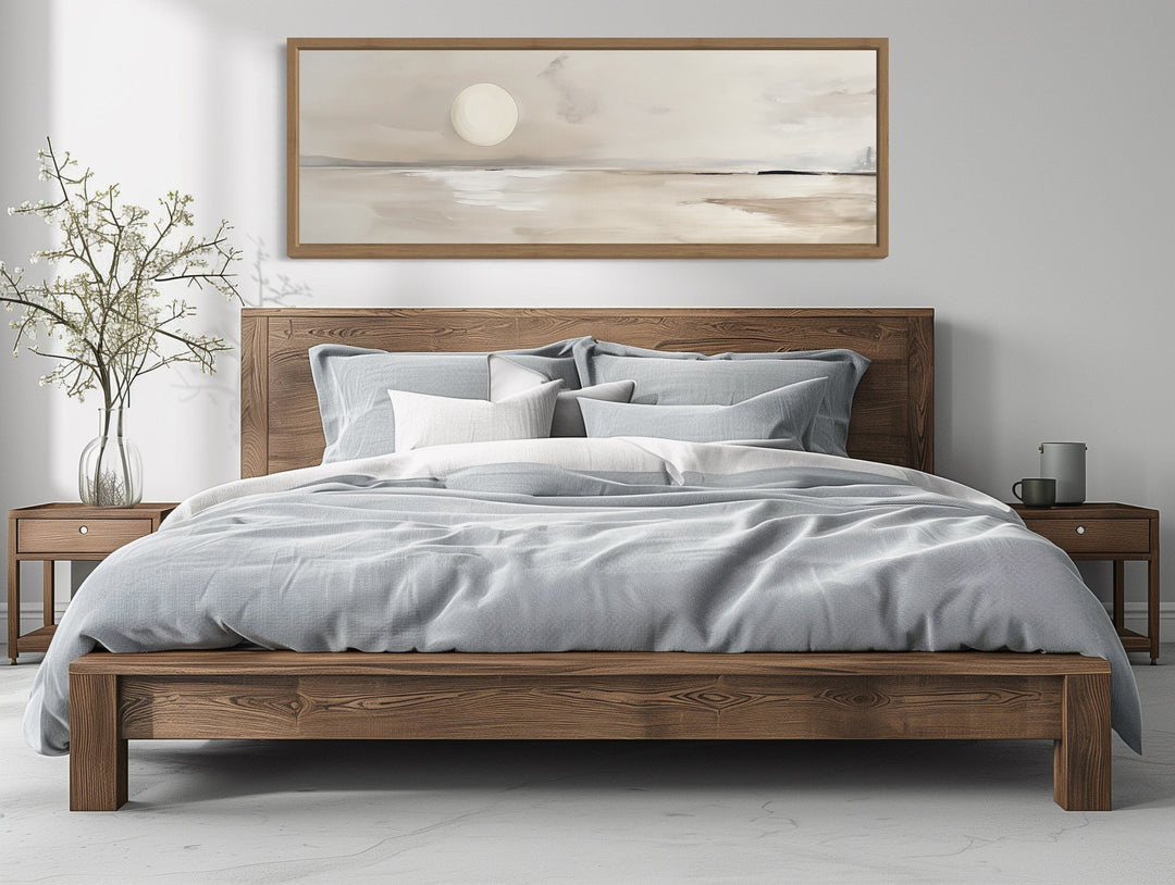 Long Horizontal Neutral Coastal Landscape With Moon Above Bed Wall Art above bed