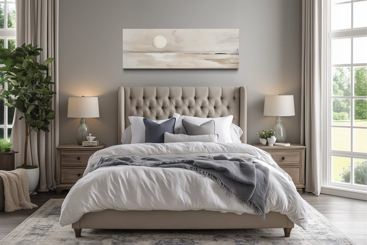 Long Horizontal Neutral Coastal Landscape With Moon Above Bed Wall Art