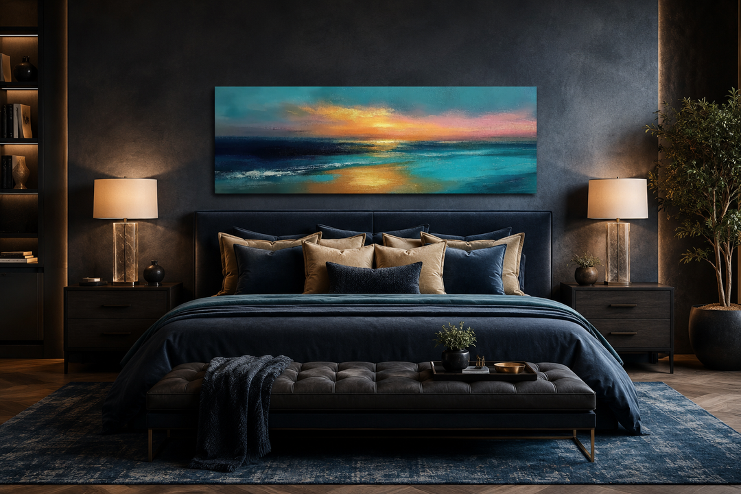 Long horizontal panoramic seascape wall art featuring an ocean sunset in blue, gold, and peach.
