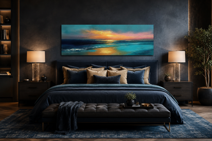 Long horizontal panoramic seascape wall art featuring an ocean sunset in blue, gold, and peach.