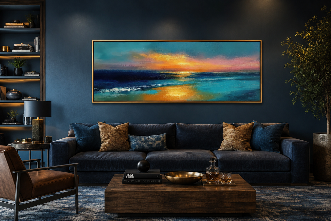 Long horizontal panoramic seascape wall art featuring an ocean sunset in blue, gold, and peach.