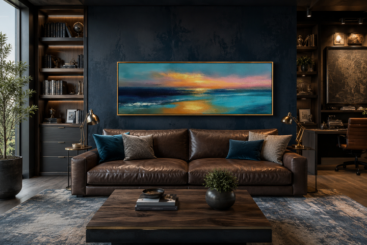 Long horizontal panoramic seascape painting of an ocean sunset in blue, gold, and peach tones.