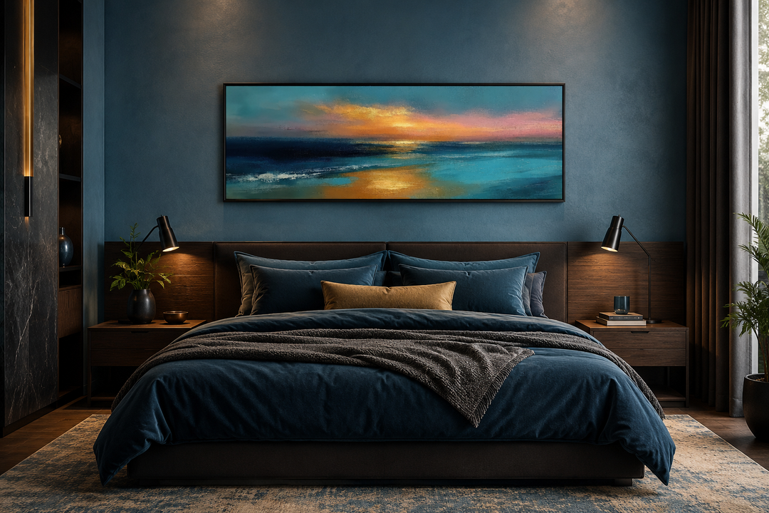 Panoramic seascape painting of an ocean sunset in blue and gold above a modern bed.