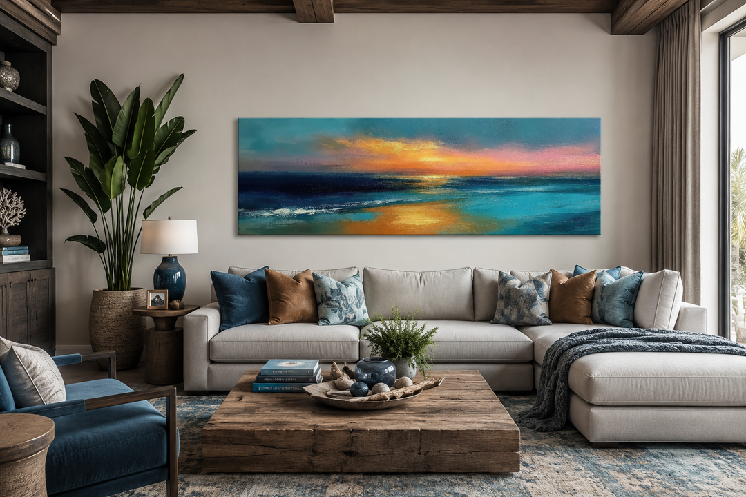 Long horizontal panoramic seascape ocean sunset wall art above a sofa in a modern living room.