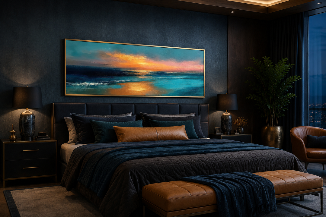 Panoramic seascape ocean sunset wall art in a gold frame above a bed in a dark blue bedroom.