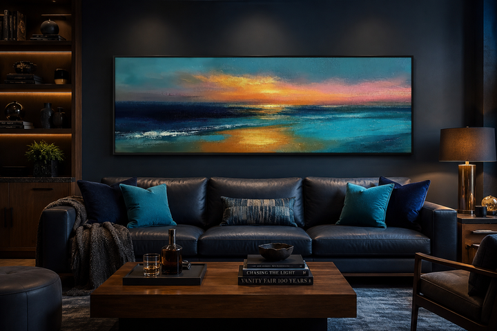 Panoramic horizontal seascape wall art of an ocean sunset in blue, gold, and peach above a sofa.