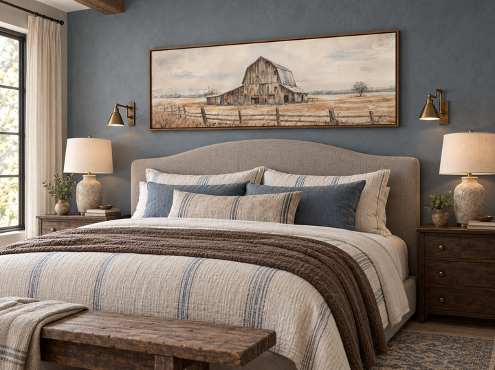 Rustic barn wall art in a walnut frame above a bed in a neutral farmhouse bedroom.