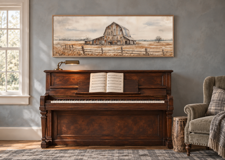Rustic barn wall art in a long horizontal oak frame hanging above a vintage wooden piano.