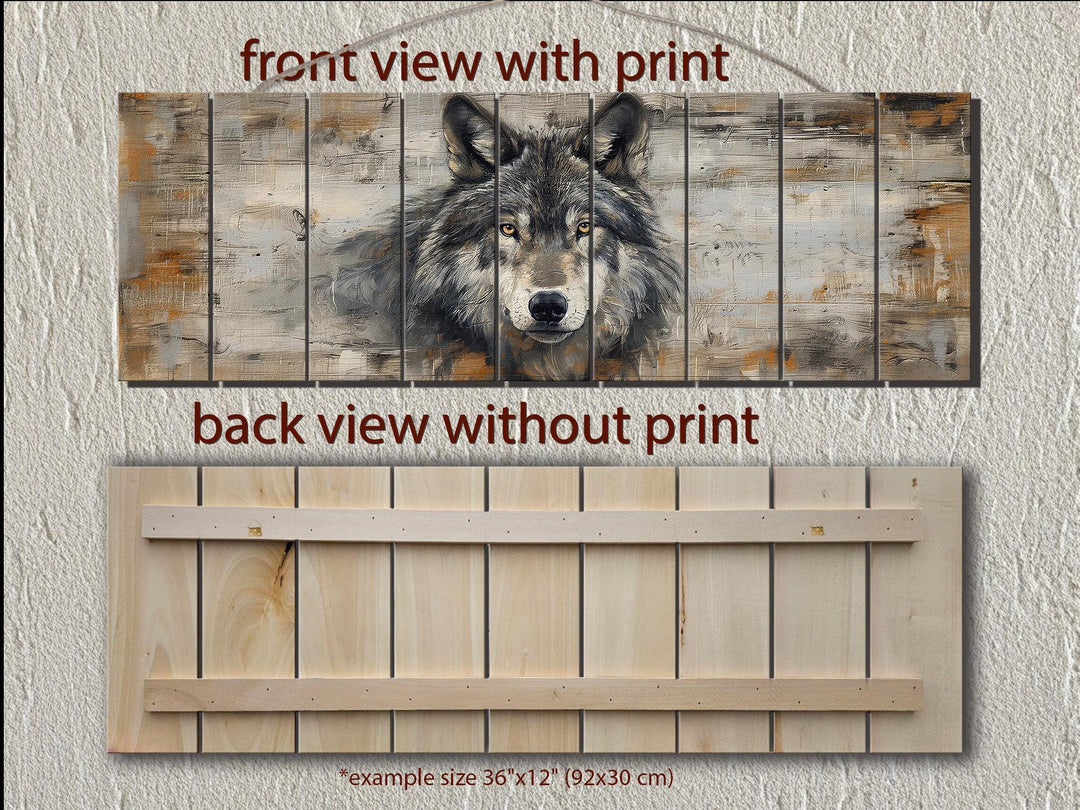 Rustic Wolf Long horizontal rustic wolf portrait distressed wood wall art.
